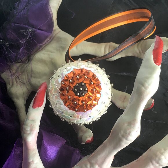 Christmas Eyeball Ornament Glam Sparkle Sequin Beaded Halloween OOAK Orange - Picture 2 of 10
